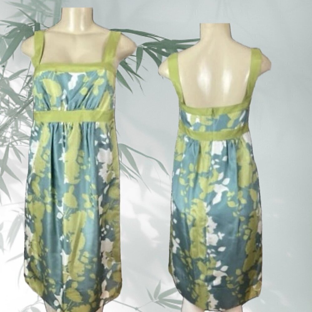 Max & Cleo M Green Floral Silk Square Neck Zip Back Knee Length Sleeveless Dress